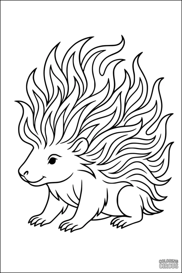Coloring page featuring a cute porcupine with flowing, wavy quills