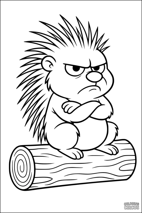 Coloring page of a cartoon porcupine with crossed arms sitting on a log