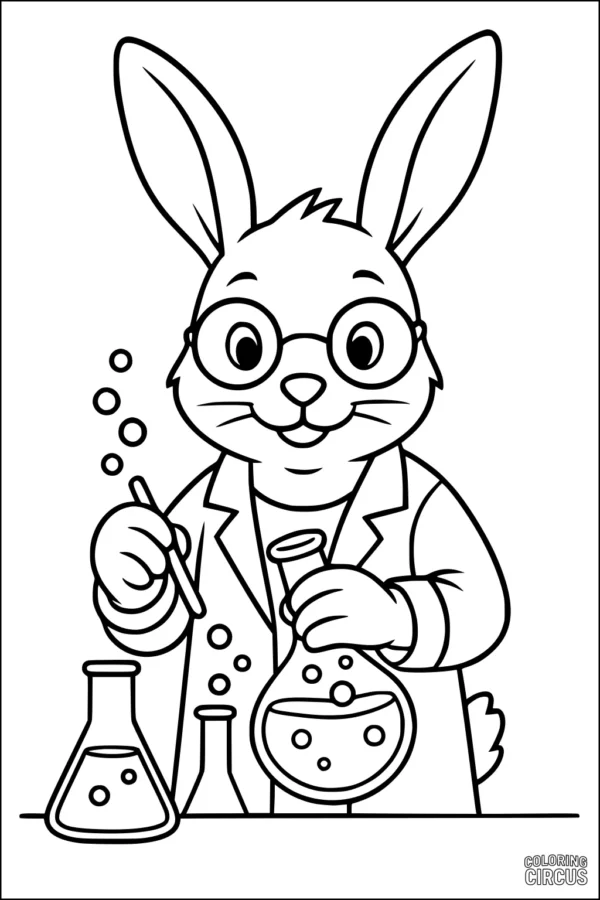 Coloring page showing a cartoon rabbit scientist mixing potions in a lab coat with flasks and bubbles