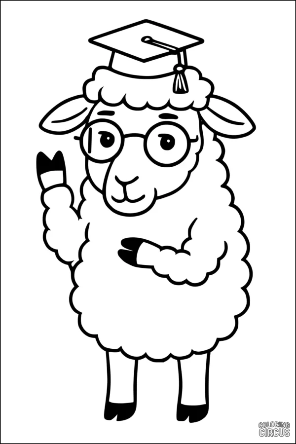 Coloring page of a cartoon sheep wearing glasses and a graduation cap, raising its hoof in a friendly pose