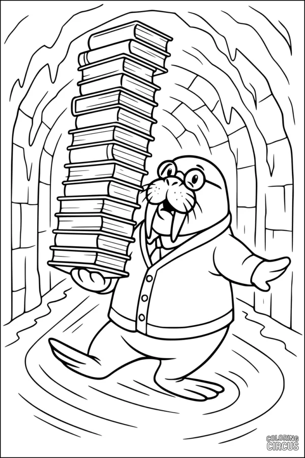 Coloring page featuring a cartoon walrus wearing glasses holding a tall stack of books inside an icy cave library