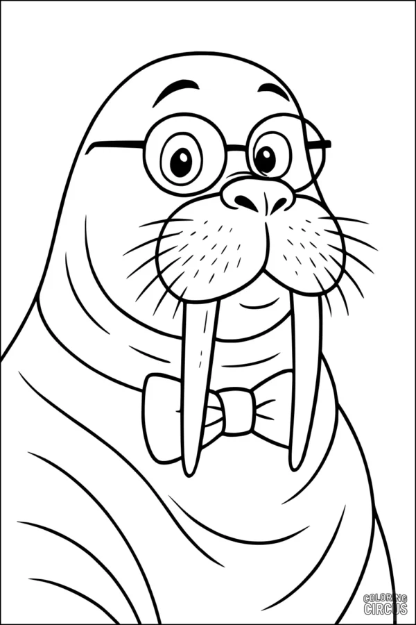 Coloring page of a cartoon walrus wearing glasses and a bow tie