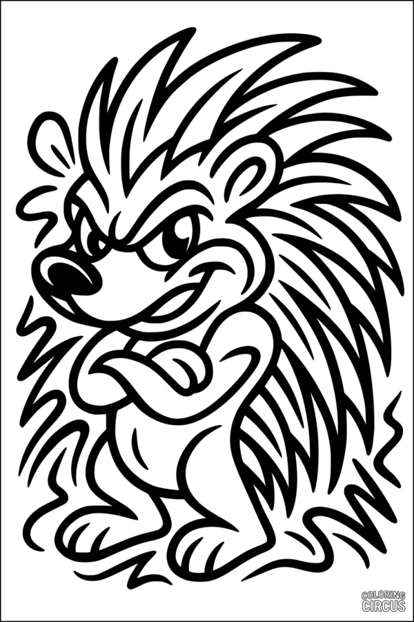 Coloring page showing a cartoon porcupine with spiky quills and a confident pose