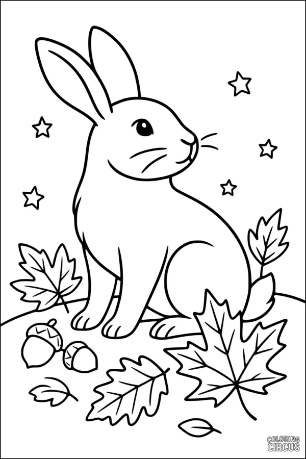 Coloring page rabbit sitting among autumn leaves and stars