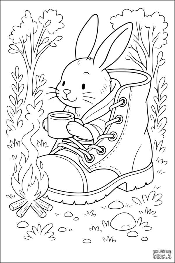 Coloring page featuring a cute rabbit sitting inside a boot by a campfire in a forest setting.