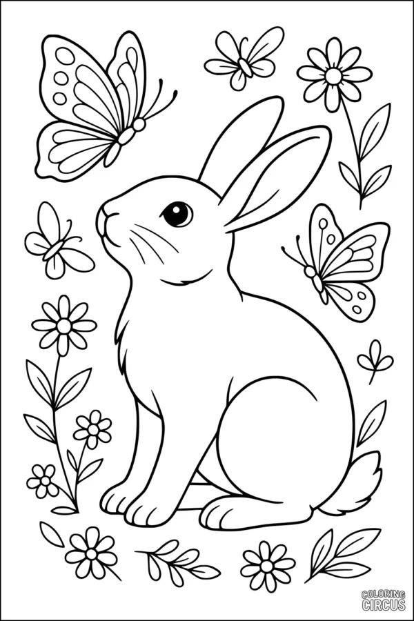 Coloring page of a cute rabbit surrounded by butterflies and flowers, simple outlines for young children.