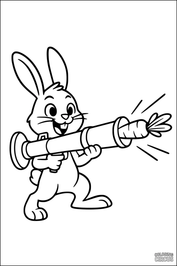 Coloring page featuring a happy cartoon rabbit with a carrot launcher