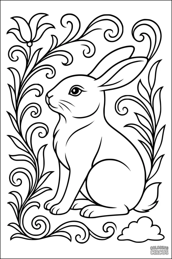Coloring page featuring a rabbit with swirling floral patterns and a cloud in the background