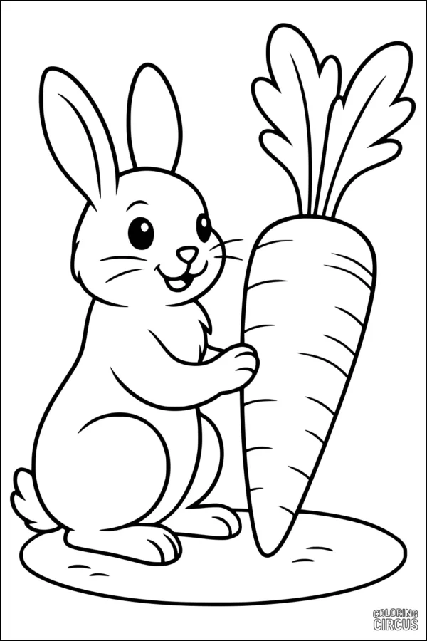 Coloring page showing a smiling rabbit with a large carrot