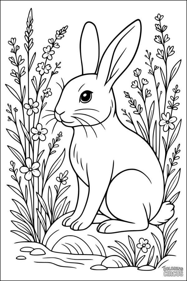 Coloring page features a rabbit sitting on a rock surrounded by wildflowers in a meadow