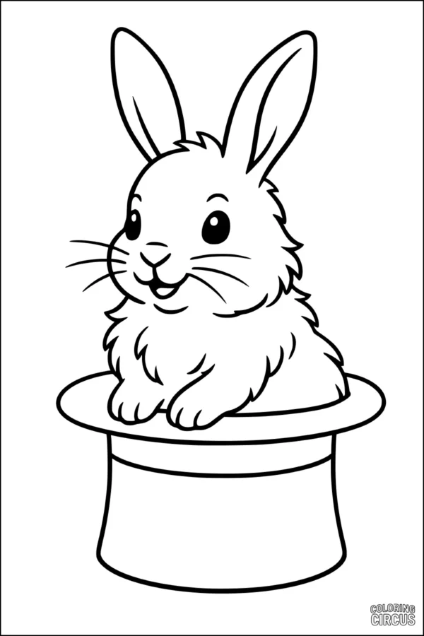 Coloring page featuring a cute rabbit sitting in a magician's top hat, designed for young children.