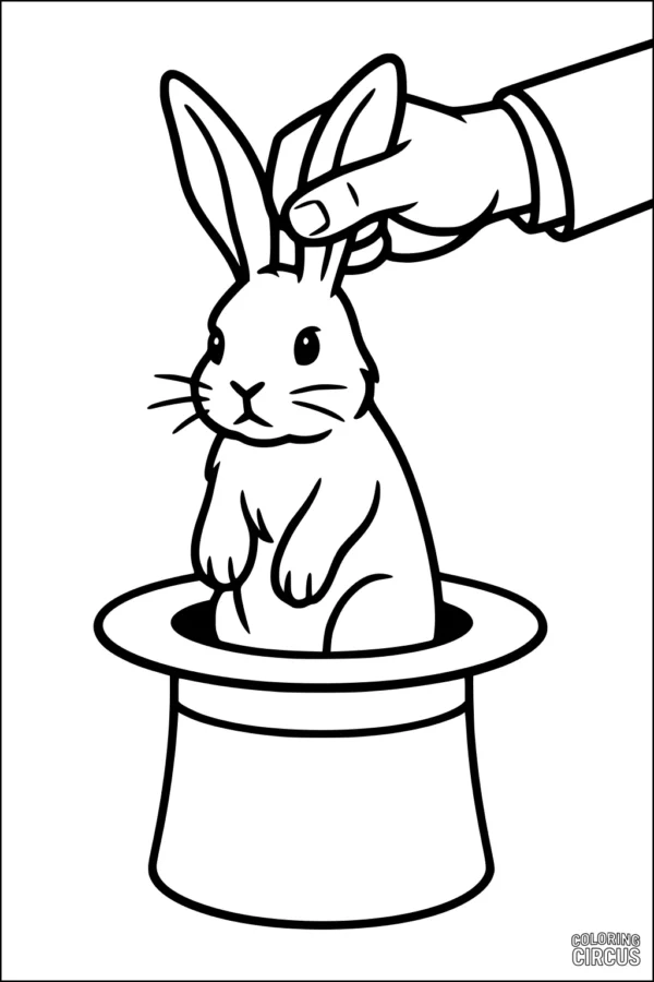 Coloring page of a rabbit being pulled out of a magician's hat by a hand