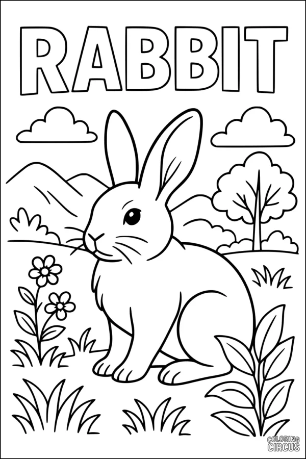 Coloring page featuring a cute rabbit sitting in a meadow with flowers, grass, trees, and mountains