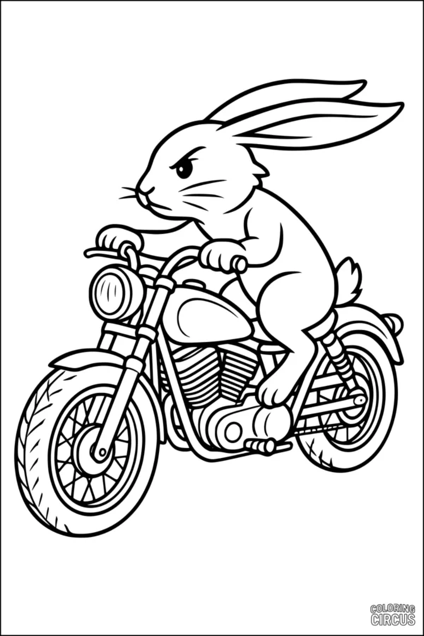 Coloring page with a rabbit riding a motorcycle, perfect for kids
