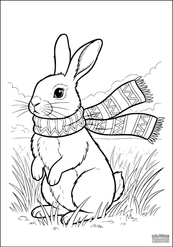 Coloring page of a rabbit wearing a patterned scarf sitting in grass with clouds in the background