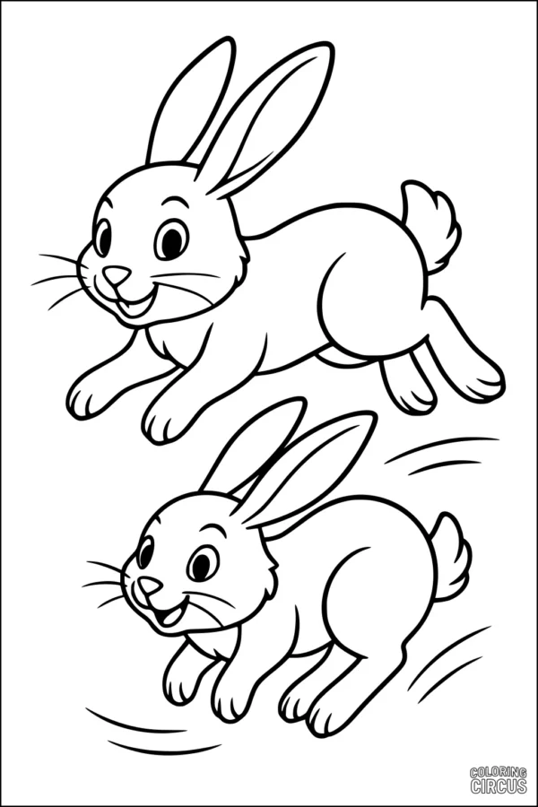 Coloring page of two cartoon rabbits running together in a meadow