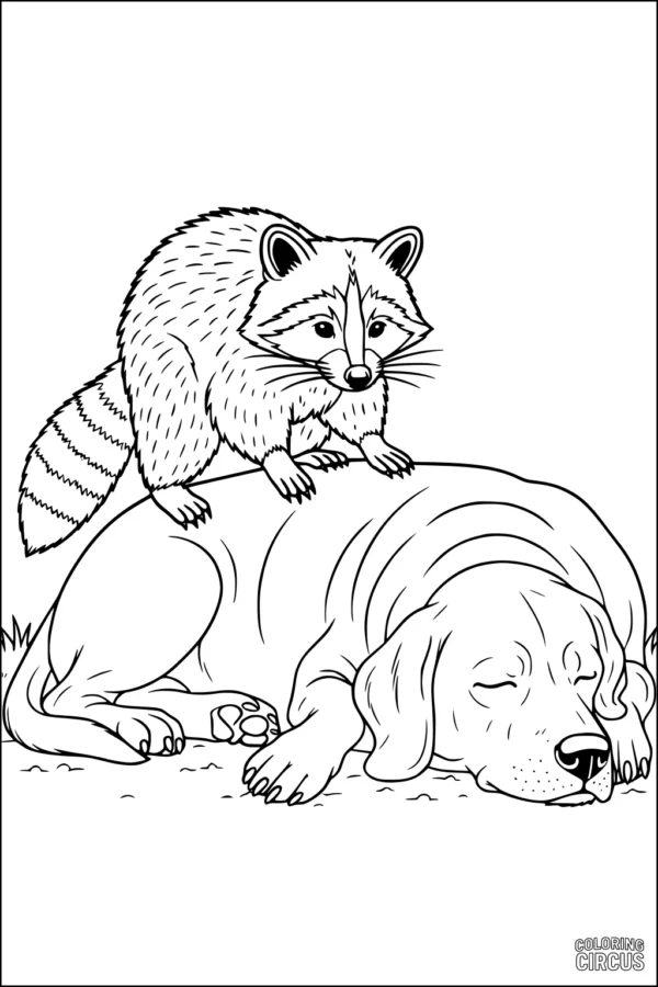 Coloring page of a raccoon sitting on a sleeping dog
