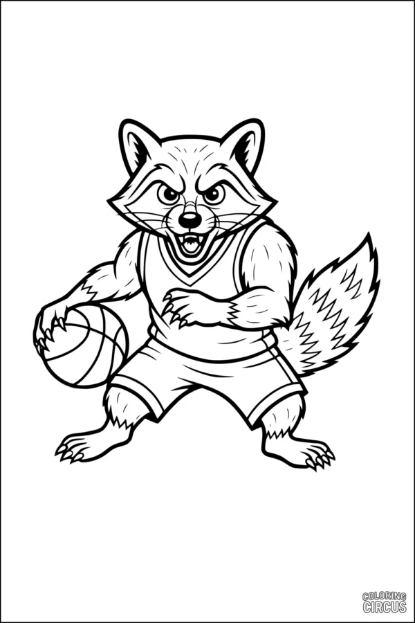 Coloring page featuring a cartoon raccoon playing basketball in a jersey