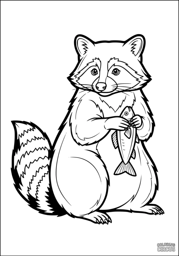 Coloring page of a cartoon raccoon holding a fish, beginner level