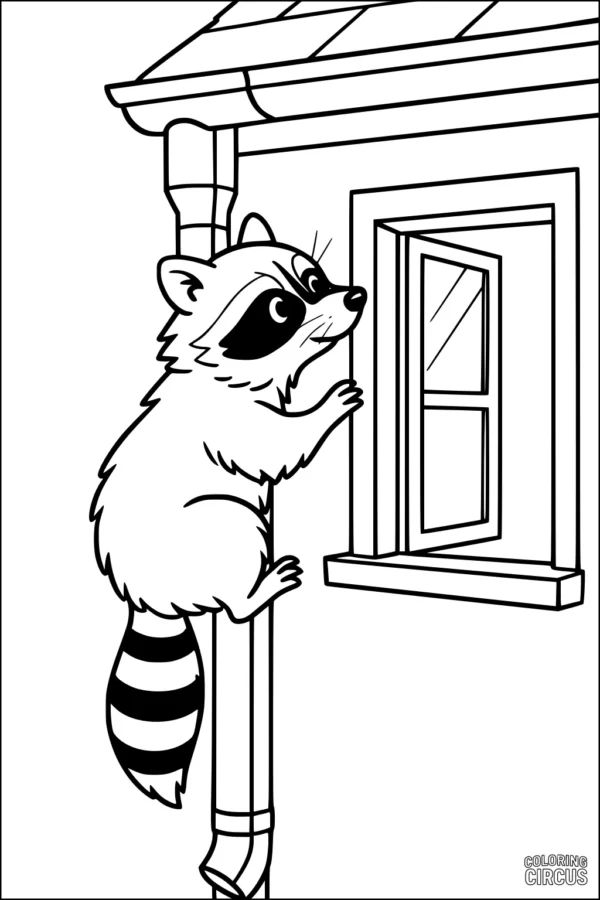 Coloring page of a cute raccoon climbing a drainpipe near a window