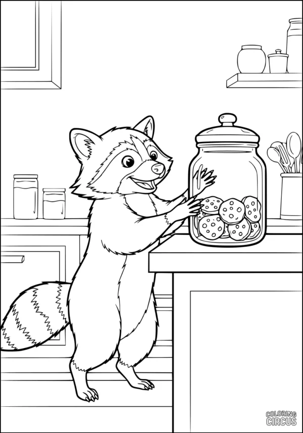 Coloring page of a cute raccoon reaching into a cookie jar in a kitchen setting
