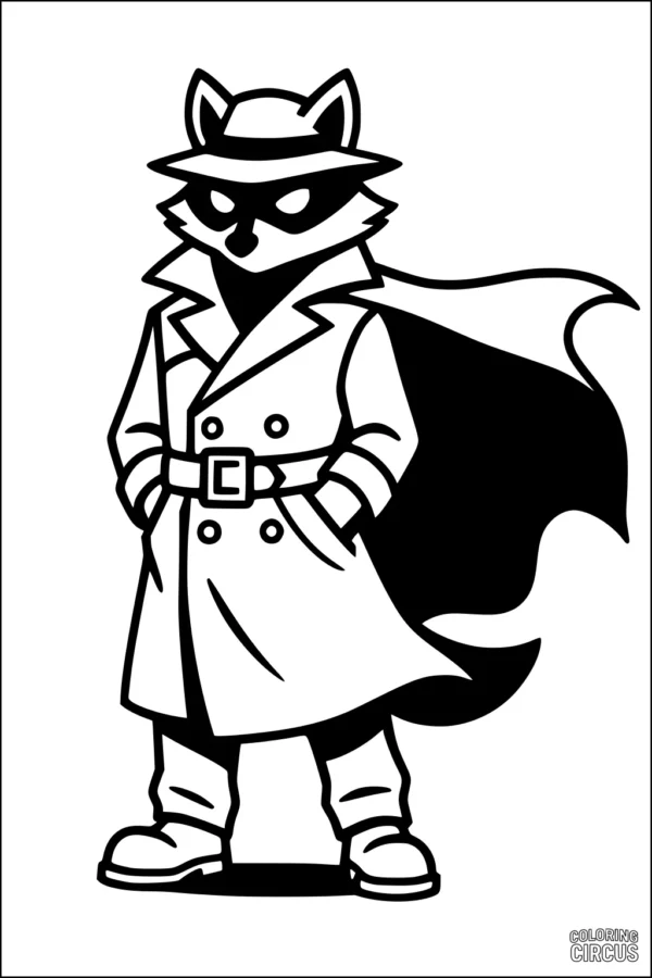 Coloring page of a raccoon dressed as a detective with a trench coat, hat, and cape