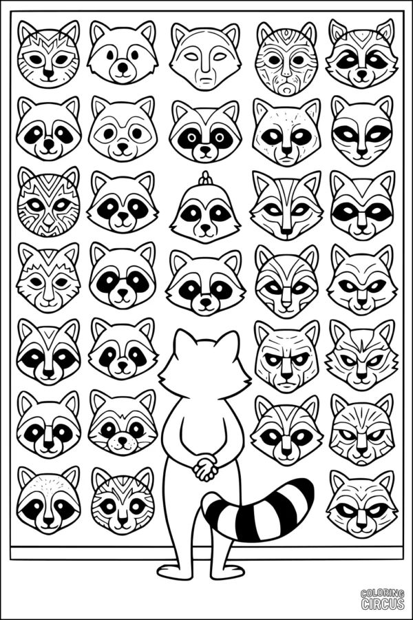 Coloring page showing a raccoon viewing a wall of various raccoon faces with different patterns