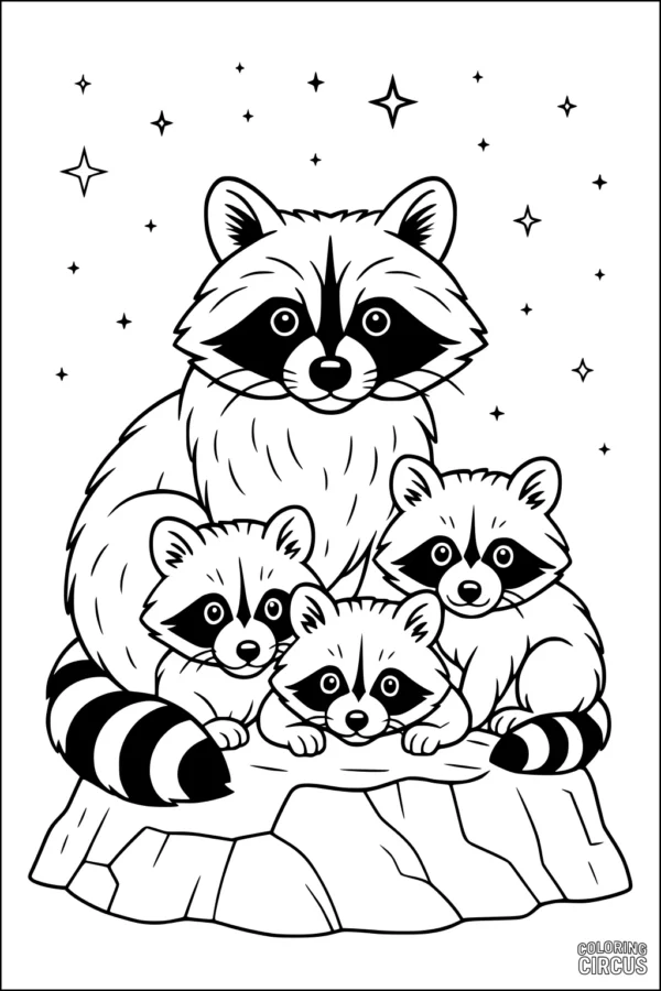 Coloring page featuring a cute raccoon family sitting together on a rock under a starry night sky