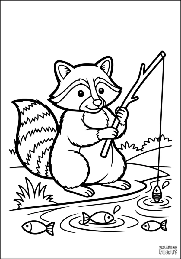Coloring page featuring a cartoon raccoon fishing at a pond with fish swimming
