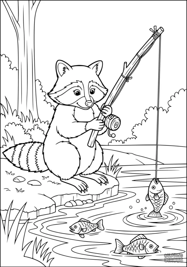 Coloring page with a cartoon raccoon fishing near a pond surrounded by trees and grass