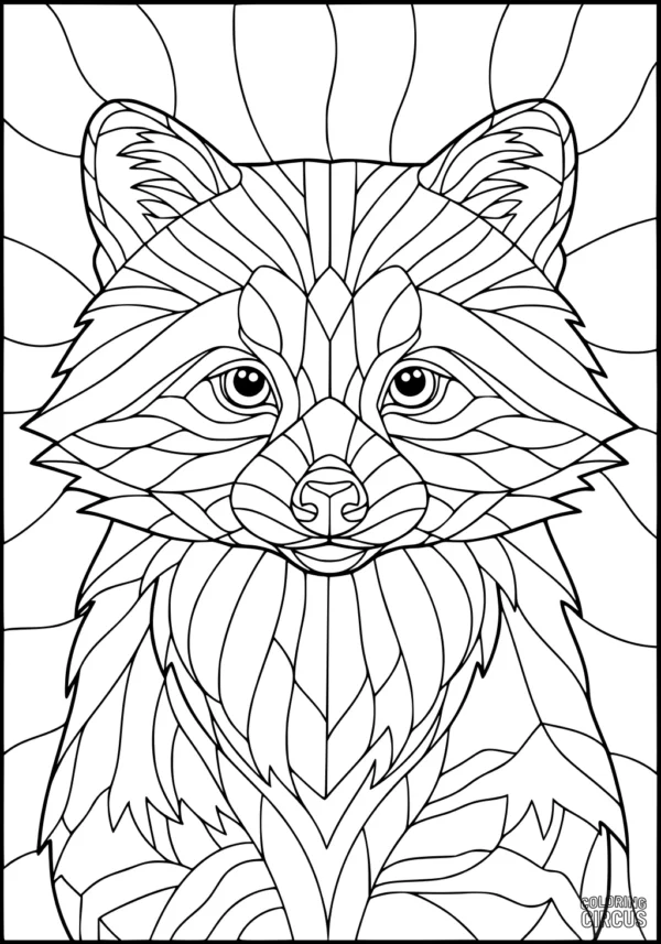 Coloring page featuring a detailed patterned raccoon with intricate shapes and lines, forest animal theme