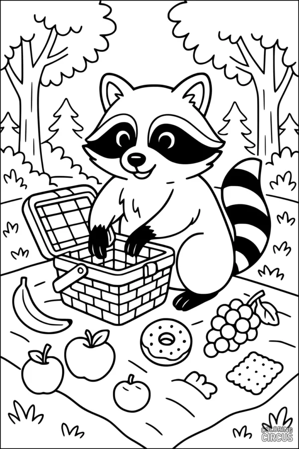 Coloring page of a cute raccoon at a picnic in a forest with fruits and snacks.