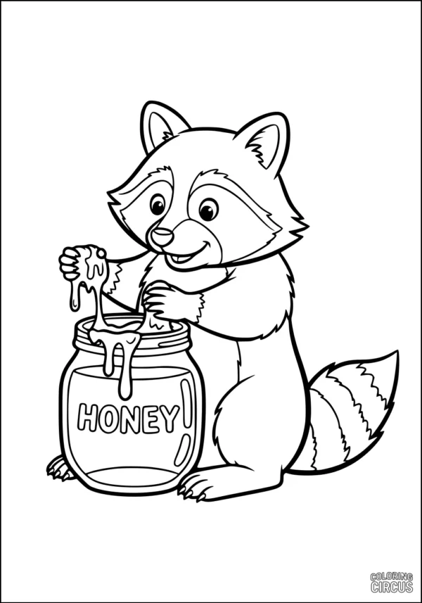 Coloring page of a cute raccoon with a honey jar