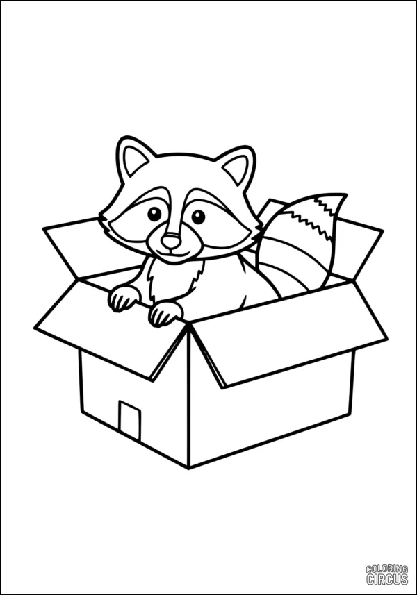 Coloring page featuring a cute raccoon sitting in an open cardboard box