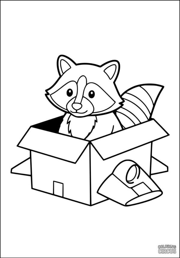 Coloring page of a cute raccoon sitting in a cardboard box with a flap open