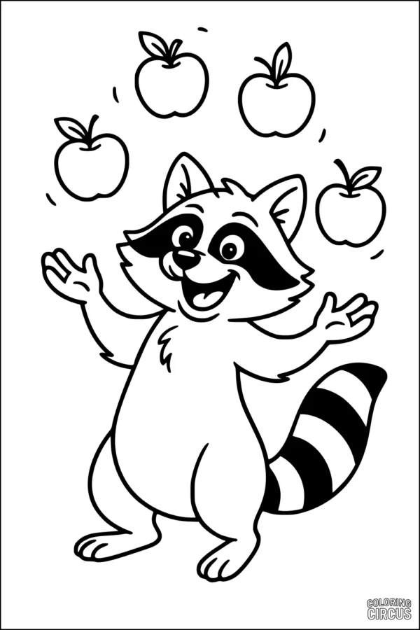 Coloring page featuring a happy raccoon juggling five apples
