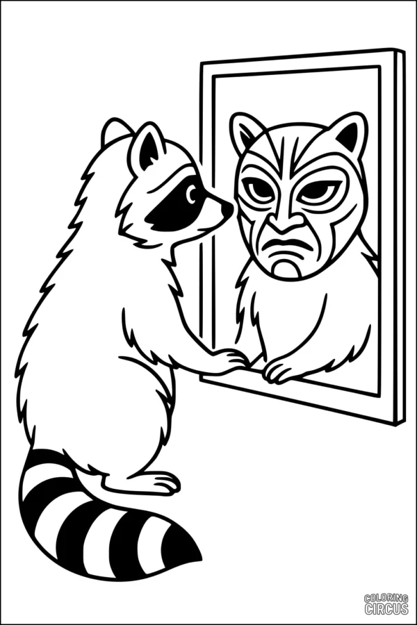 Coloring page with a cartoon raccoon looking into a mirror and seeing a masked reflection