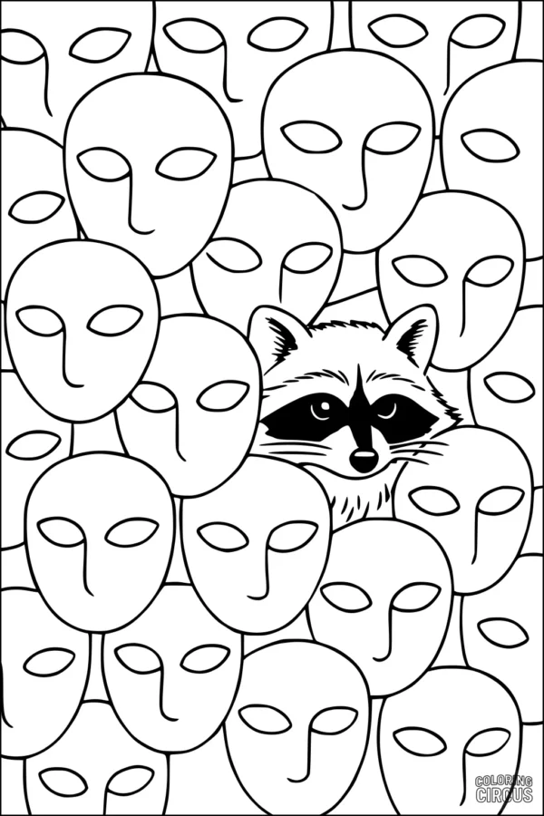 Coloring page with raccoon face hidden among blank masks