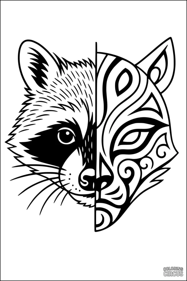 Coloring page showing half realistic raccoon face and half with decorative swirls and patterns
