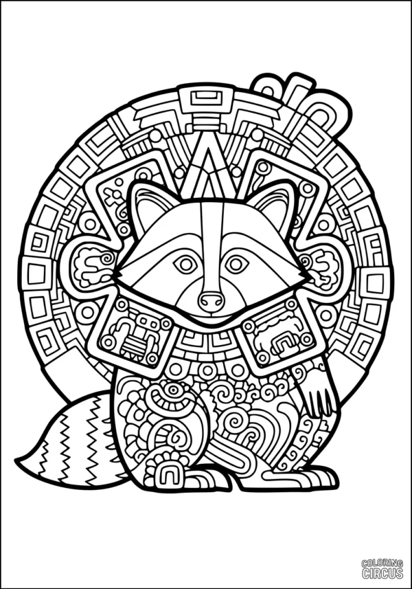Coloring page raccoon with intricate geometric and swirly patterns