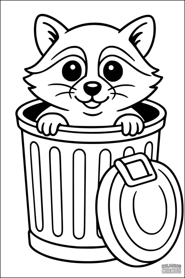 Coloring page showing a cute raccoon peeking out of a trash can