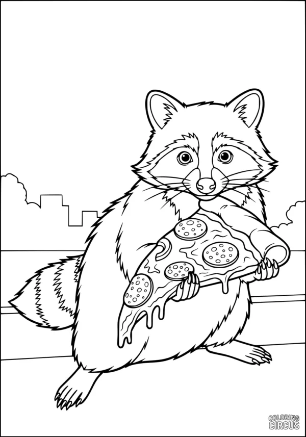 Coloring page raccoon holding large pizza slice in city park