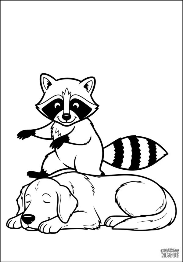 Coloring page raccoon sitting on sleeping puppy, cute cartoon animals for kids