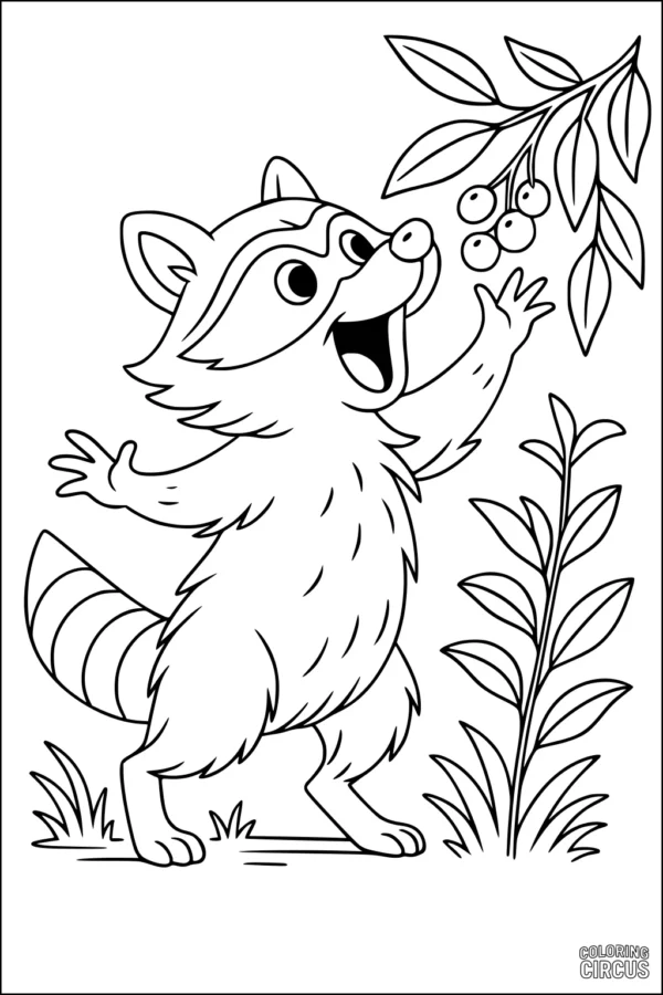 Coloring page featuring a cheerful raccoon reaching for berries on a leafy branch
