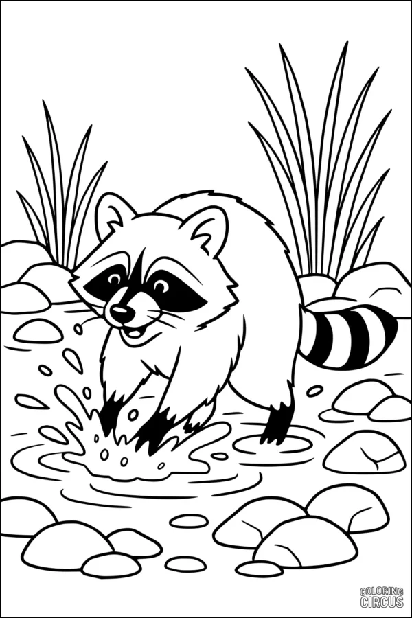 Coloring page featuring a playful raccoon splashing in a river surrounded by rocks and tall grass