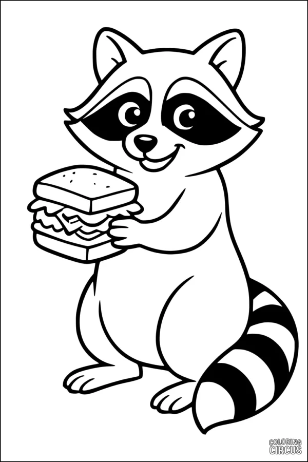 Coloring page featuring a cute raccoon holding a tall sandwich