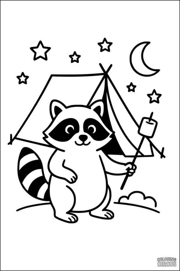 Coloring page featuring a cute raccoon camping under stars with a tent and a marshmallow