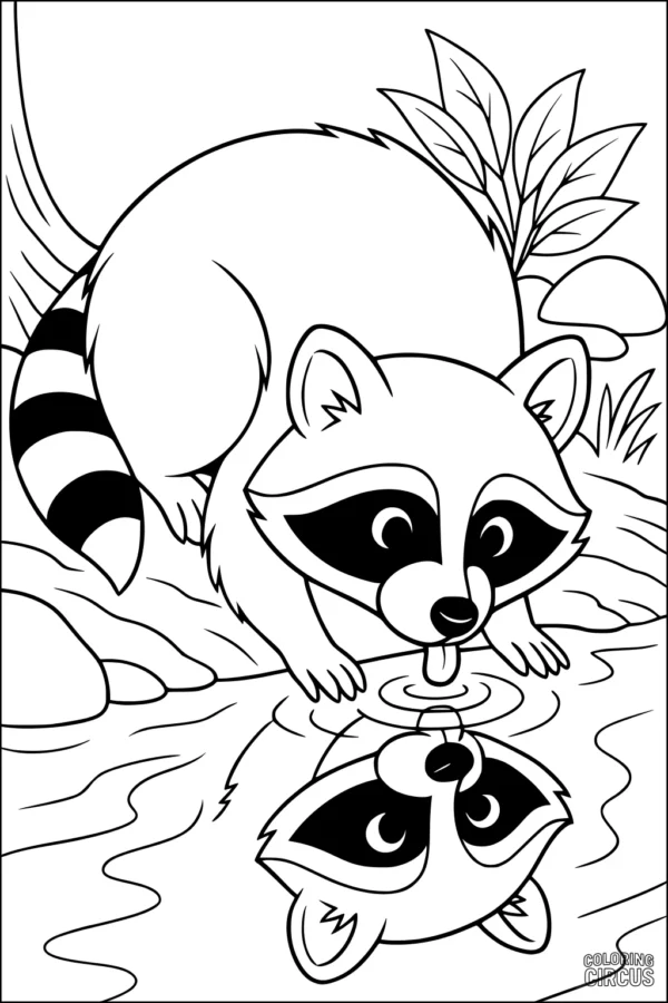 Coloring page of a cartoon raccoon drinking from a stream, with its reflection in the water