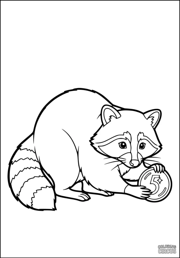 Coloring page raccoon holding a shiny coin