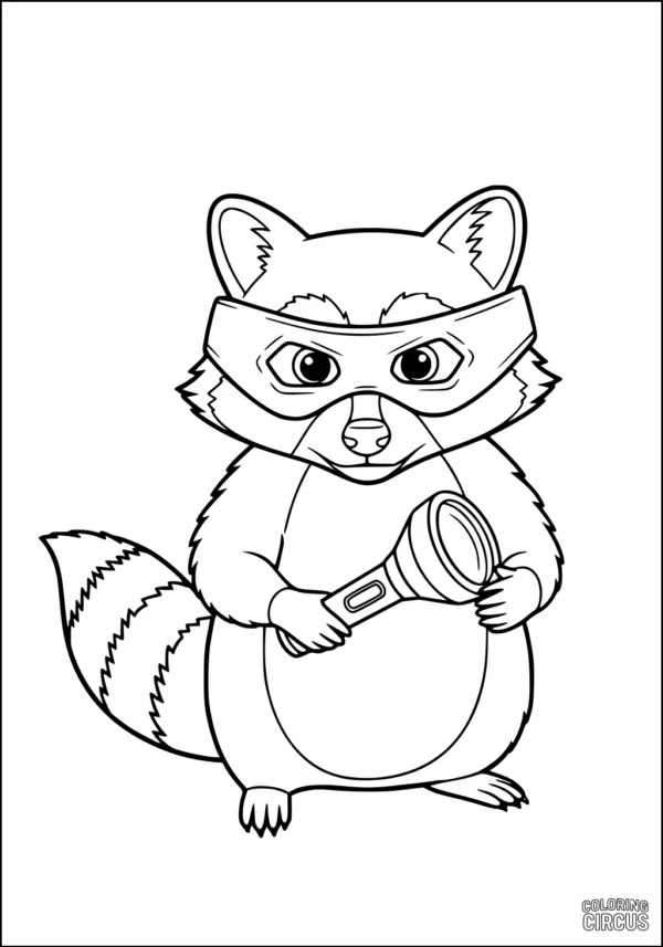 Coloring page of a cartoon raccoon holding a flashlight, friendly style